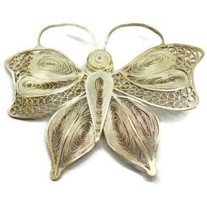 Large Filigree Butterfly Vintage Sterling Silver 925 Detailed Pin Heavy Patina